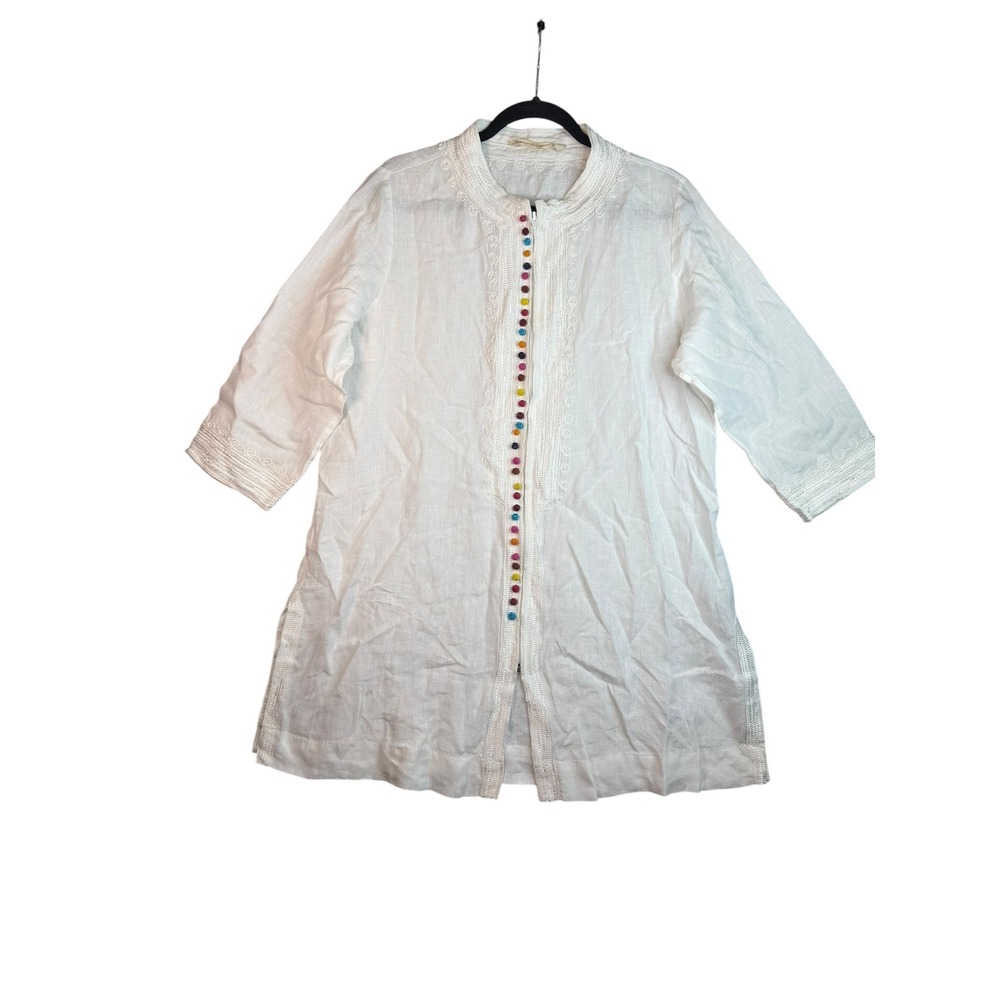 Soft Surroundings Linen Tunic Top‎ XL Pom Pom Trim Boho Zip Front 3/4 Sleeve